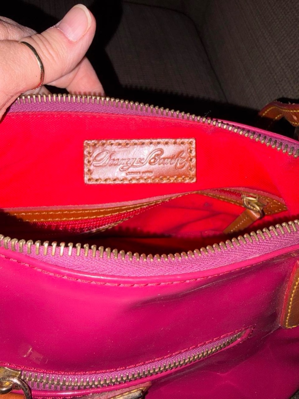 Dooney & Bourke Bright Pink Patent Shoulder Bag with Tan Straps - Picture 5 of 5